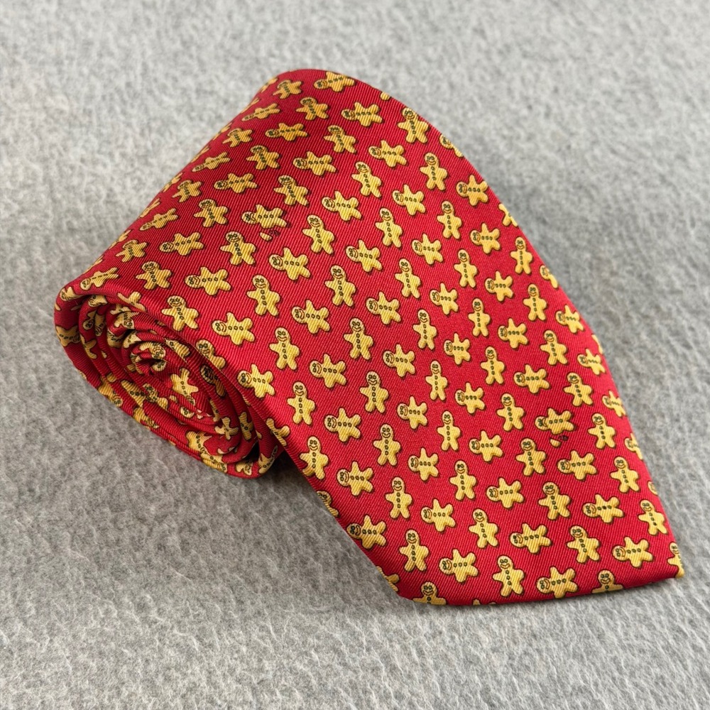 Vintage Lee Allison Co Red Gingerbread Man Silk Tie Holiday Novelty USA 59x3.6
